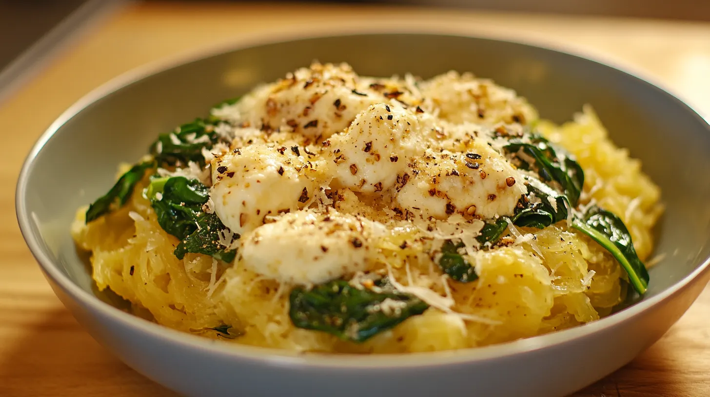 Garlic Parmesan Roasted Spaghetti Squash with Spinach and Mozzarella
