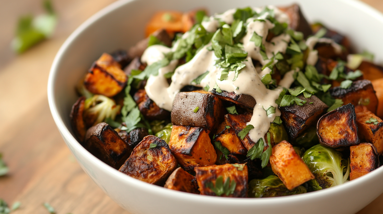 Crispy Brussels Sprouts with Sweet Potato and Creamy Tahini Sauce