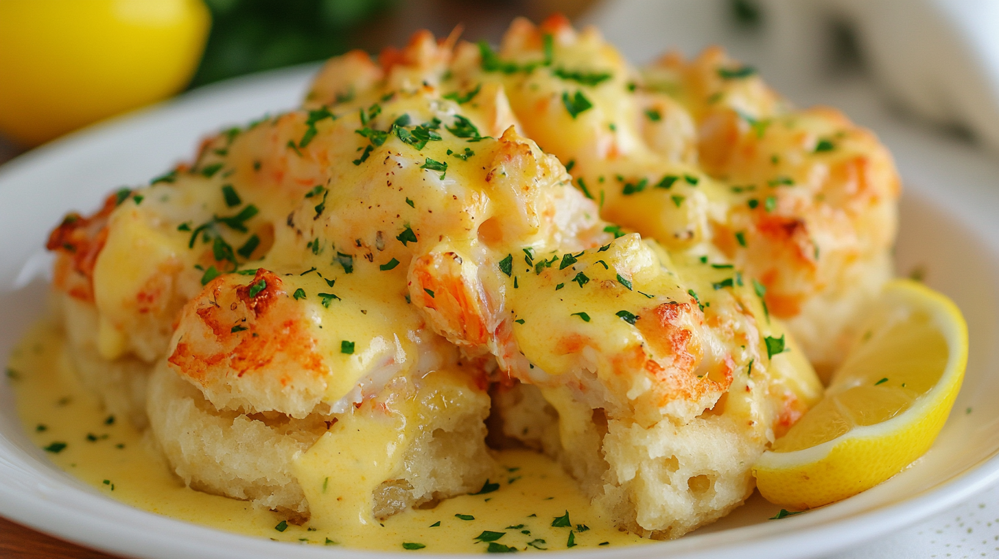 Crab Stuffed Cheddar Bay Biscuits with Lemon Butter Sauce