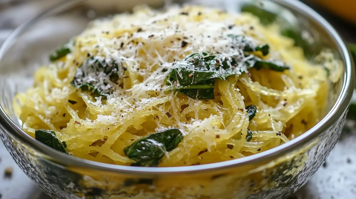 Garlic Parmesan Roasted Spaghetti Squash with Spinach and Mozzarella
