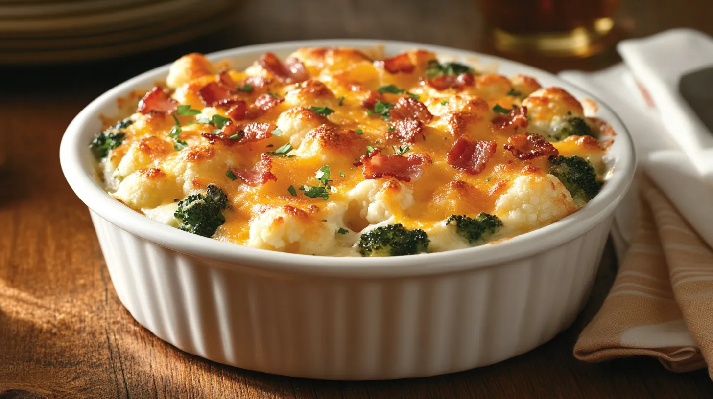 Broccoli and Cauliflower Gratin with Cheddar and Bacon