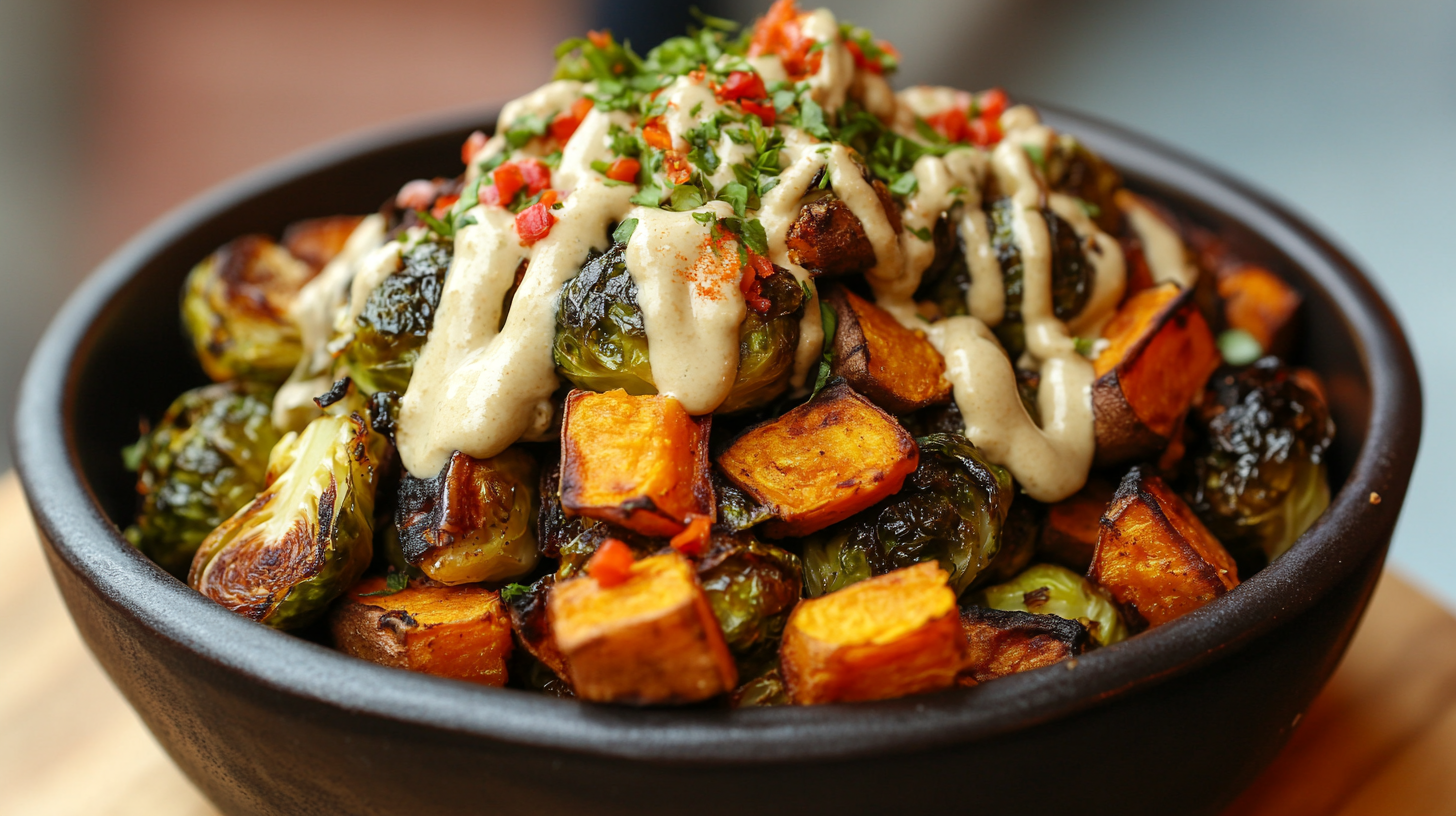 Crispy Brussels Sprouts with Sweet Potato and Creamy Tahini Sauce