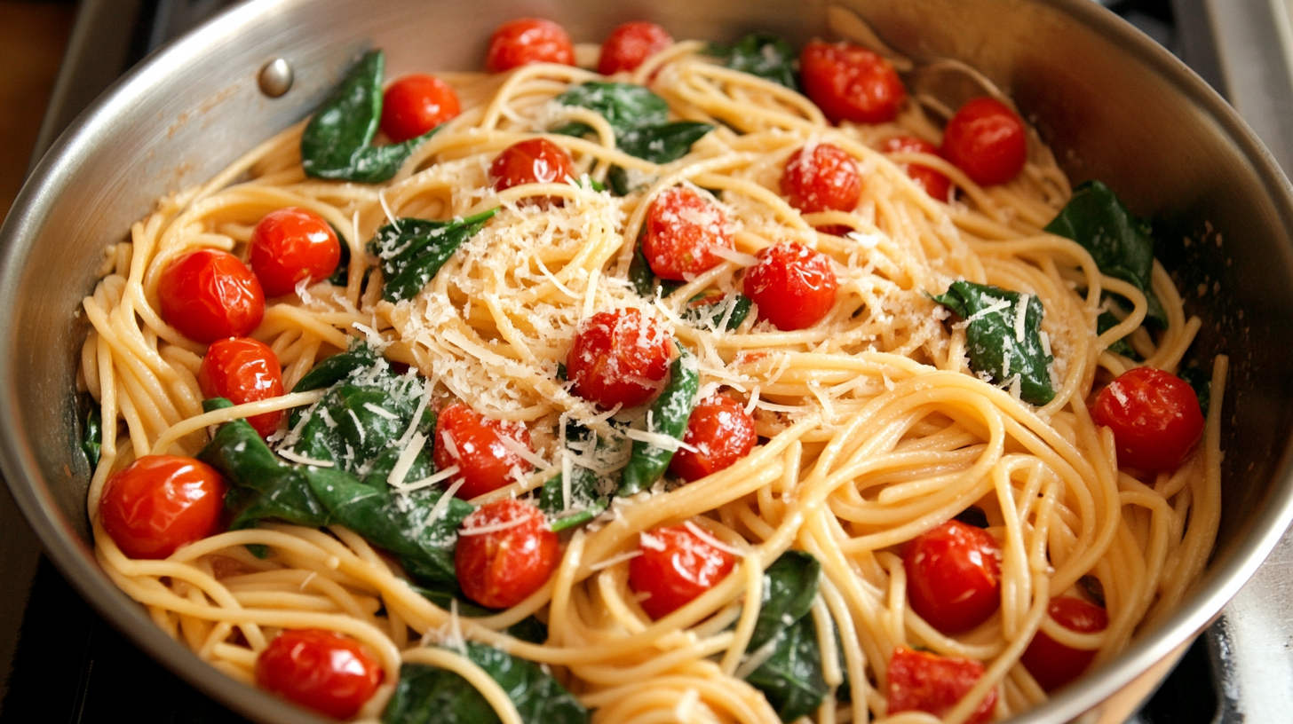 Pasta with Cherry Tomatoes Spinach Garlic and Parmesan