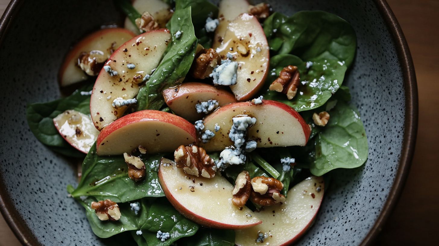 Indulge in a vibrant Apple and Spinach Salad with blue cheese, toasted walnuts, and balsamic vinaigrette – a perfect blend of crisp, creamy, and tangy flavors.
