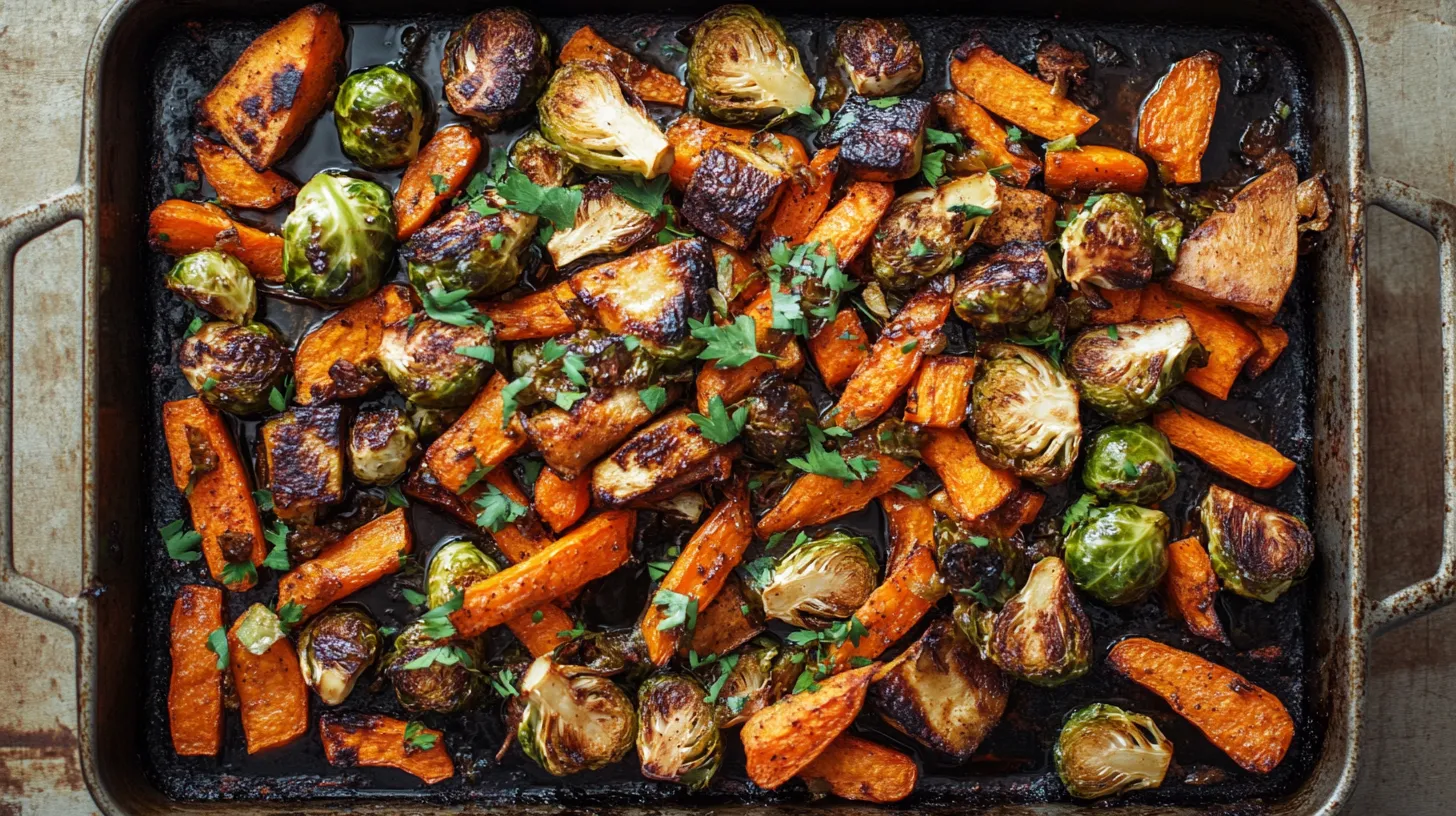 Balsamic Roasted Carrots, Brussels Sprouts, and Sweet Potatoes 