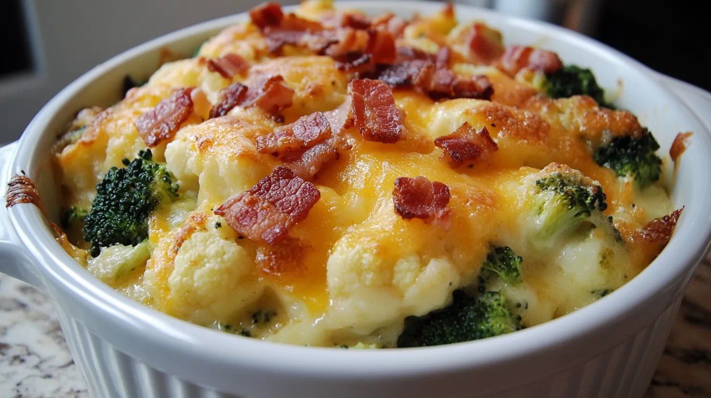 Broccoli and Cauliflower Gratin with Cheddar and Bacon