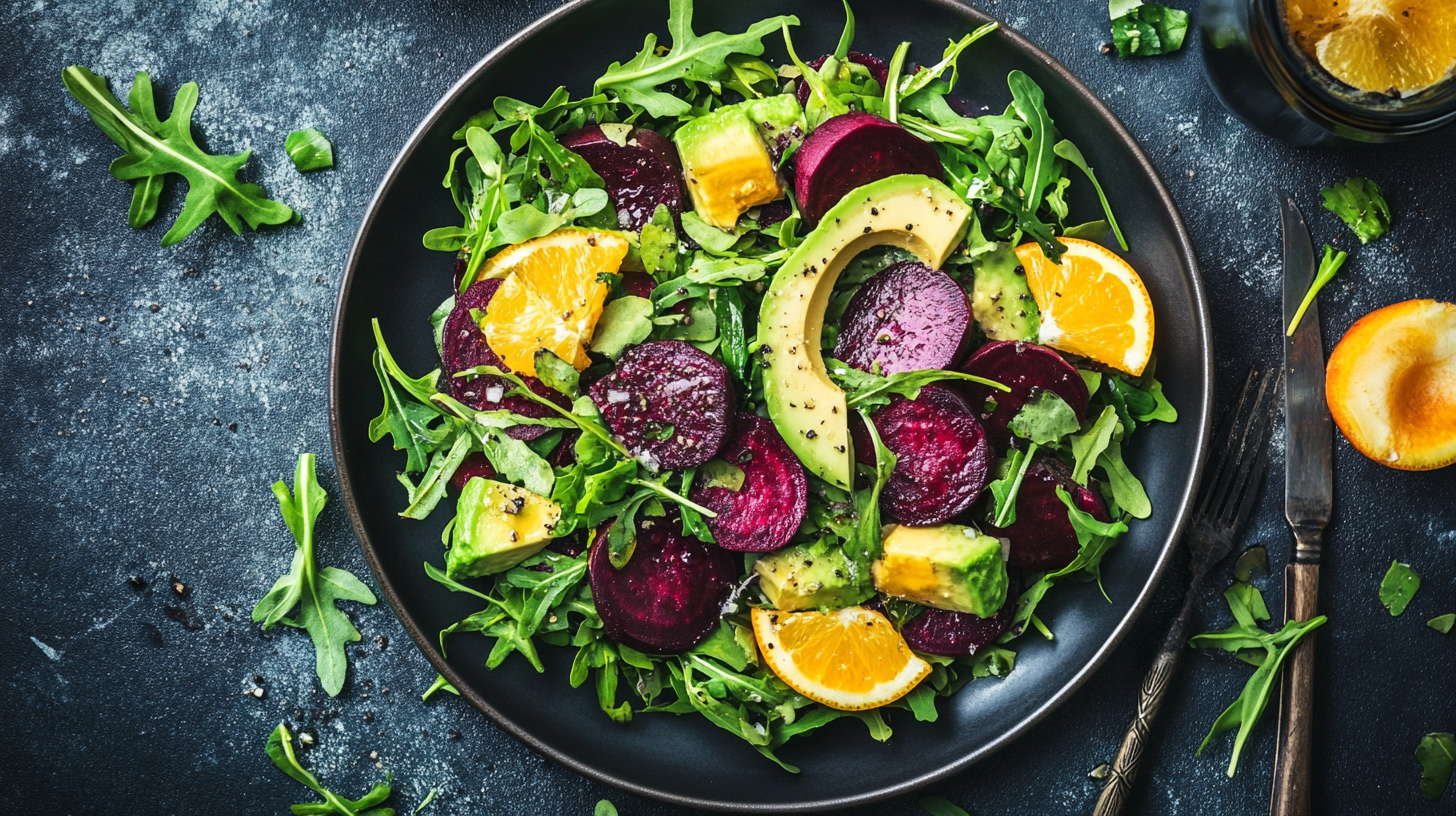 Healthy Roasted Beet Arugula Salad with Citrus and Avocado