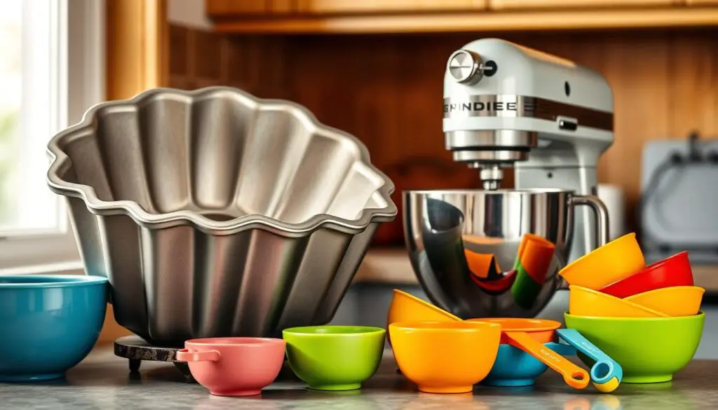 Bundt pan, electric mixer, measuring cups