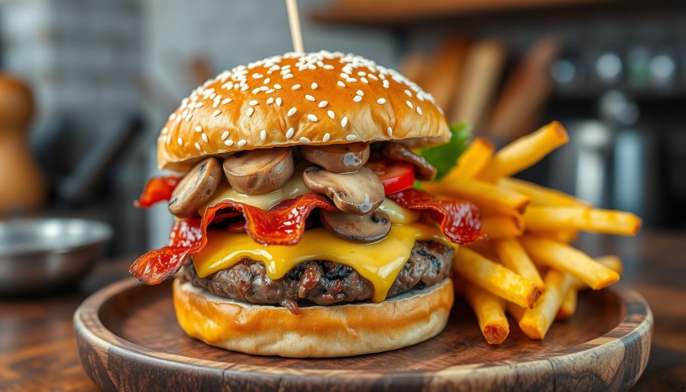 mushroom swiss bacon burger​