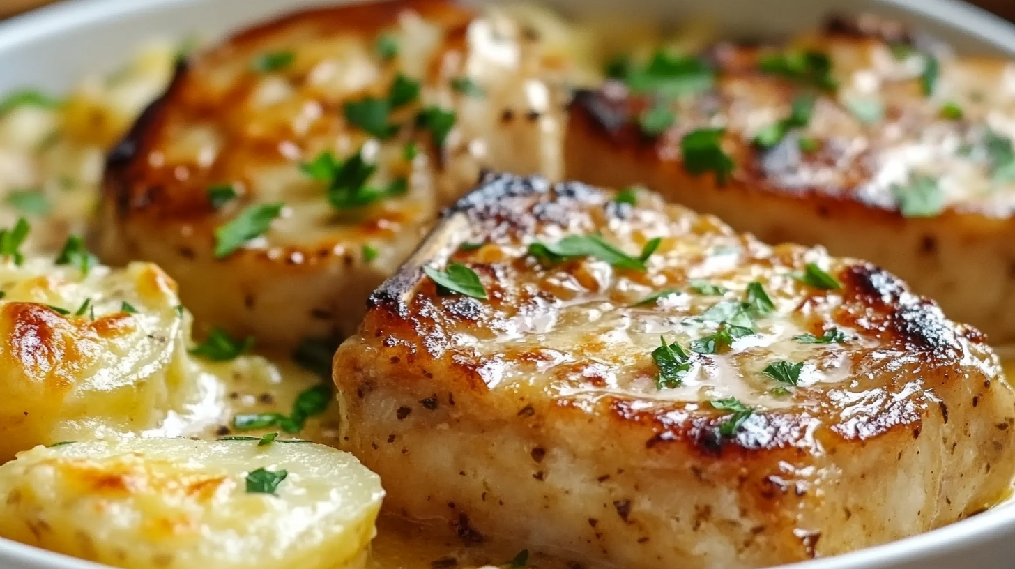 Garlic Parmesan Pork Chops with Cheesy Scalloped Potatoes