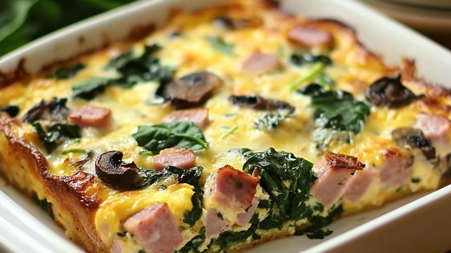 Breakfast Casserole with Ham, Spinach, and Mushrooms