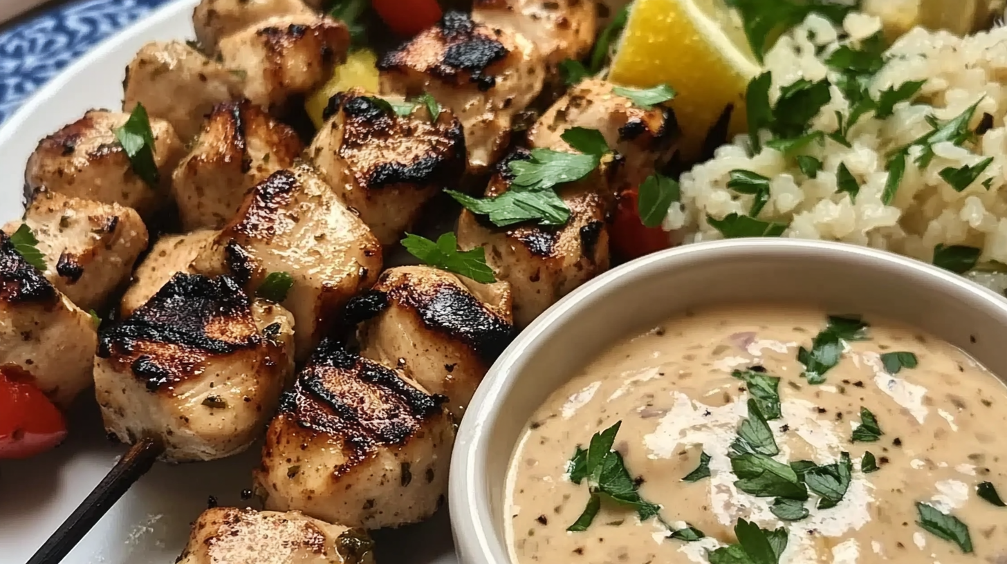 Mediterranean Chicken Skewers with Garlic Lemon Sauce