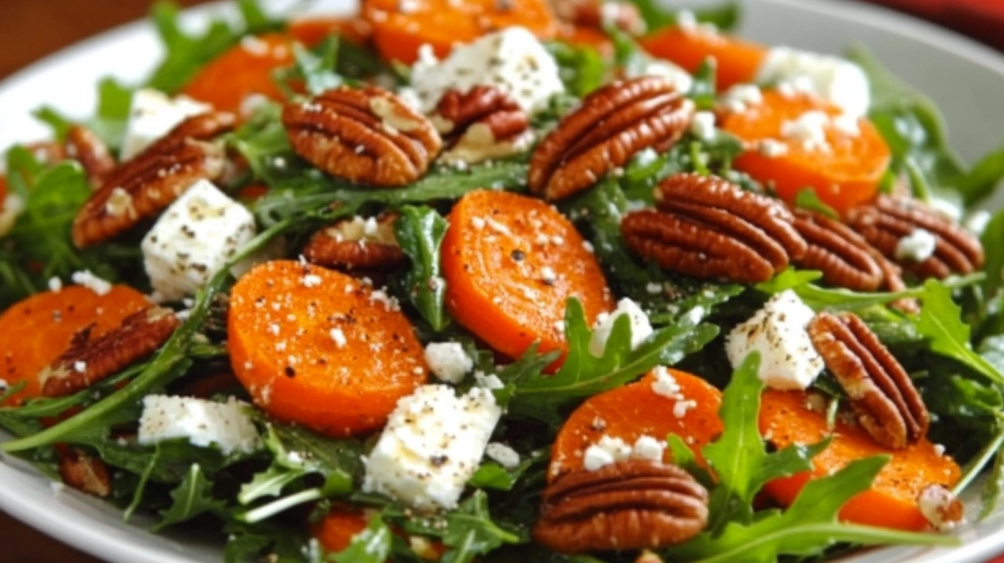 Roasted Carrot and Arugula Salad with Feta and Candied Pecans