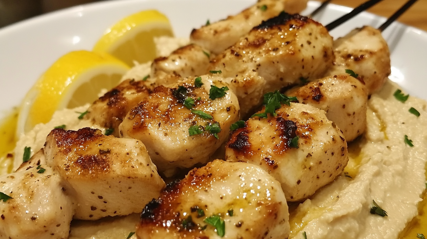 Garlic and Lemon Chicken Kebabs with Hummus Dip