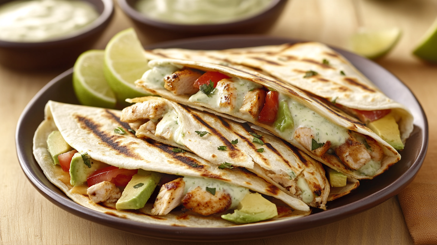 Avocado and Grilled Chicken Quesadillas with Lime Crema