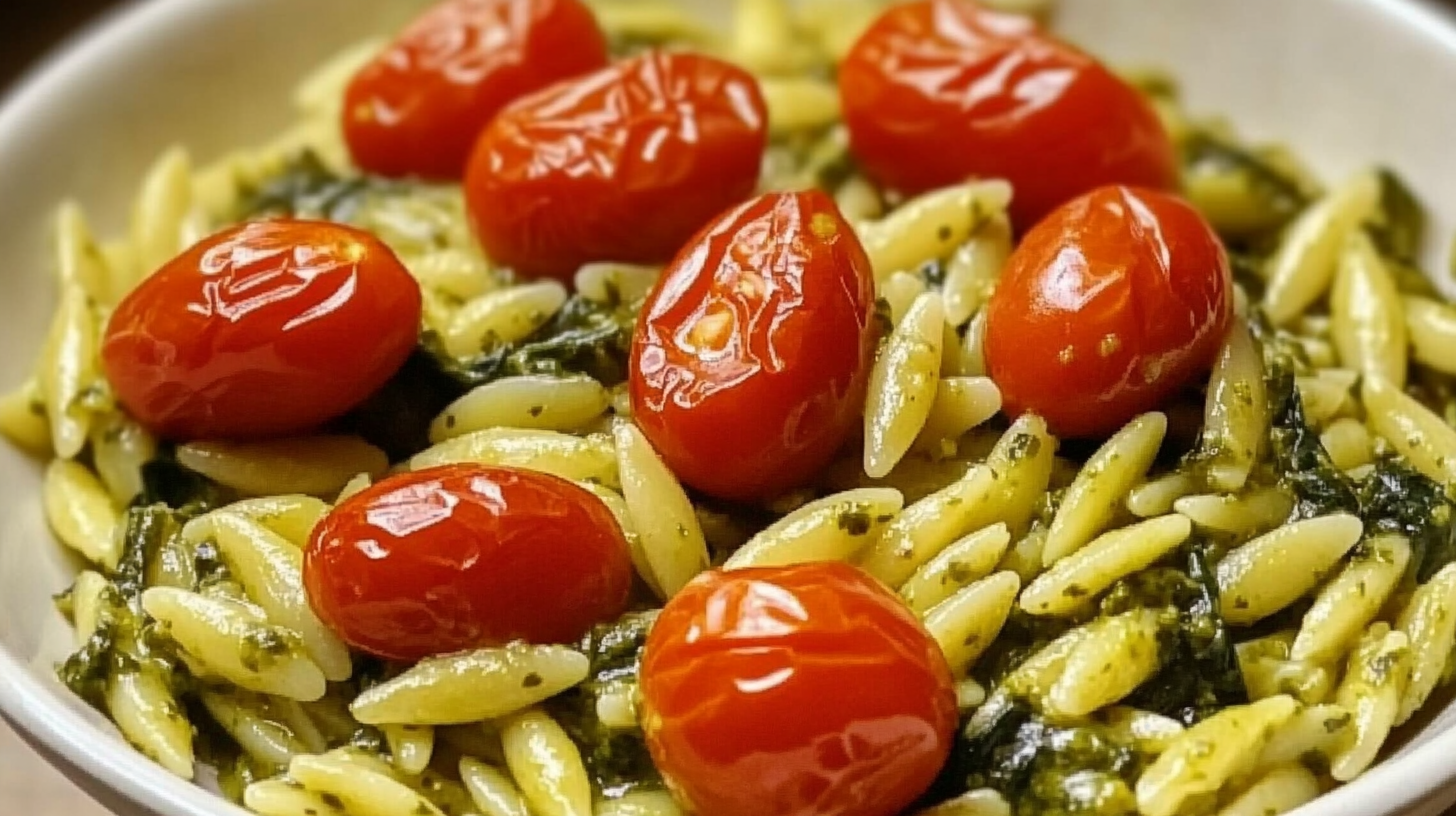 Pesto Orzo with Spinach and Roasted Cherry Tomatoes