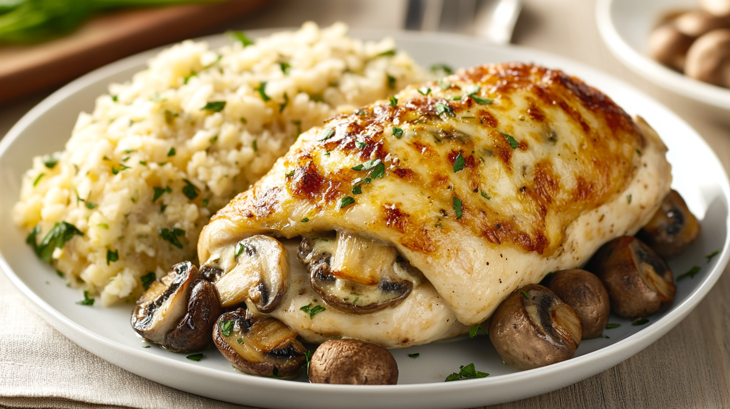 Cheesy Garlic Butter Mushroom Stuffed Chicken