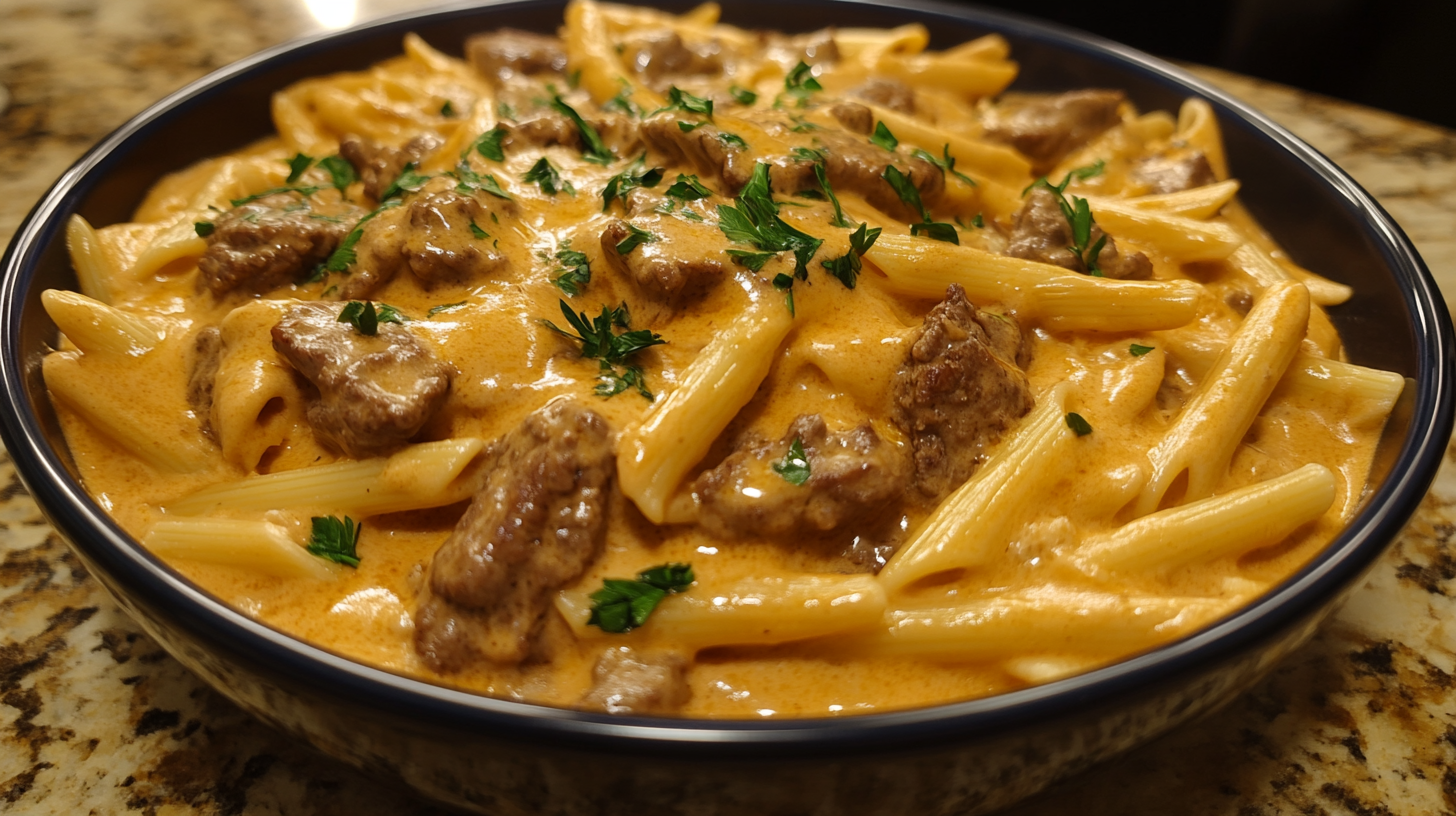 Creamy Velveeta Beef Stroganoff and Penne Pasta