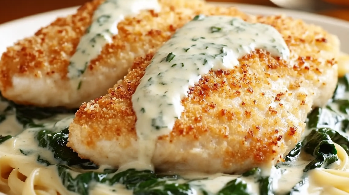 Parmesan-Crusted Chicken with Spinach and Alfredo Sauce