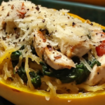 Garlic Parmesan Stuffed Spaghetti Squash with Chicken and Spinach