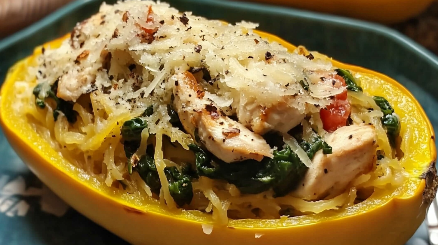 Garlic Parmesan Stuffed Spaghetti Squash with Chicken and Spinach