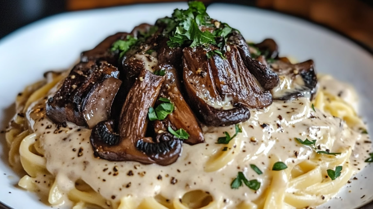 Venison Roasted Garlic Alfredo with Portobello Mushroom