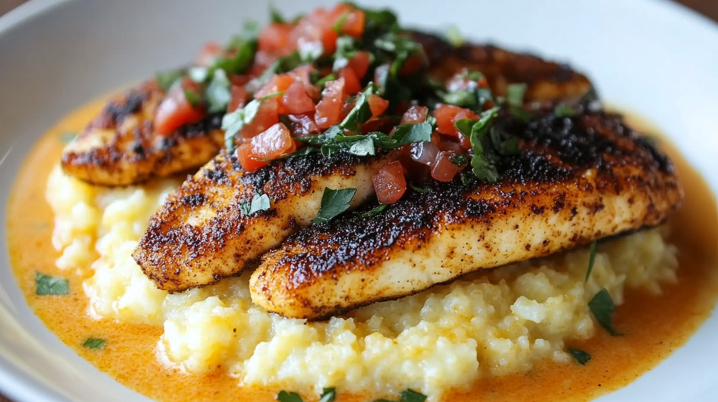 Blackened Catfish with Spicy Cheese Grits and Creole Sauce 2 Blackened Catfish with Spicy Cheese Grits and Creole Butter Sauce