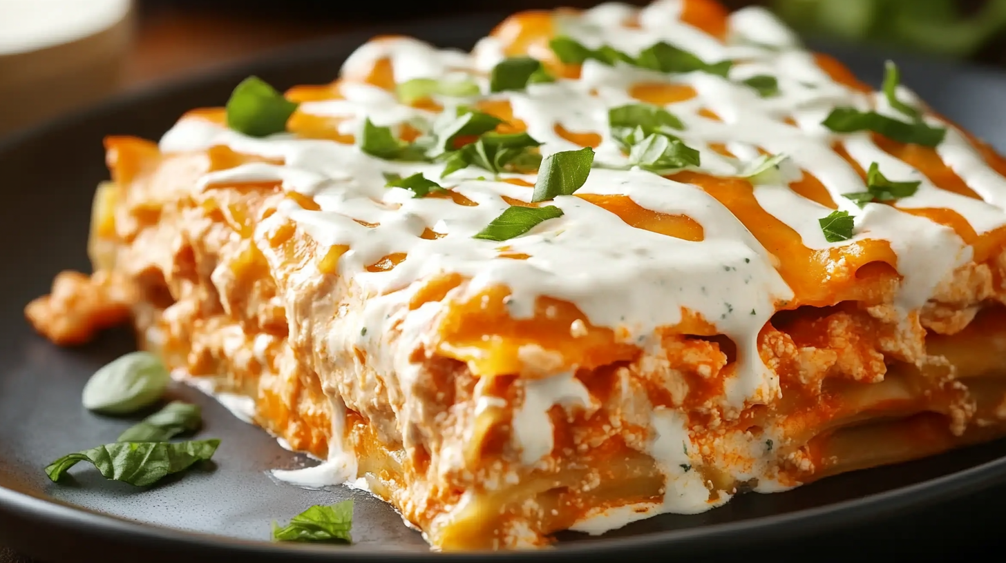 Cheesy Buffalo Chicken Lasagna with Ranch Drizzle
