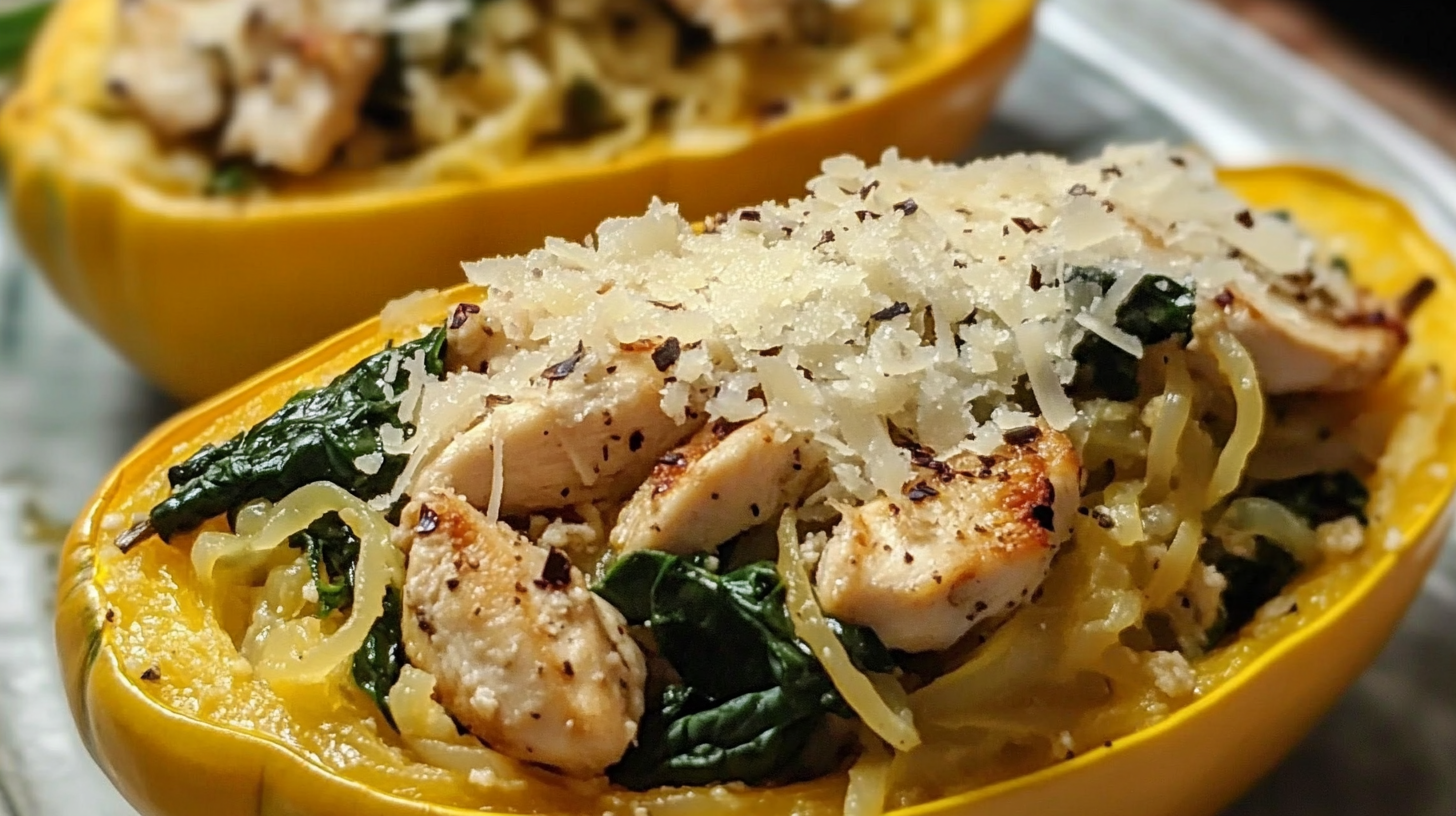 Garlic Parmesan Stuffed Spaghetti Squash with Chicken and Spinach