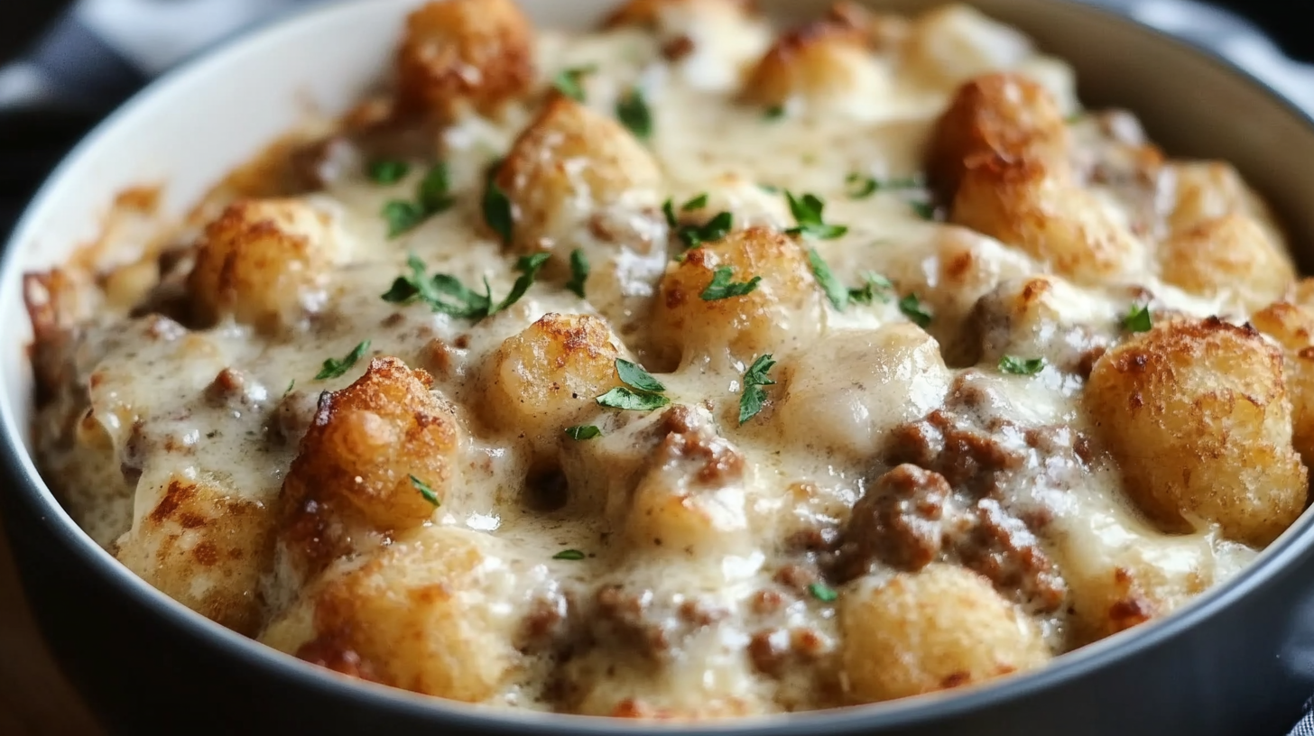 Tater Tot Breakfast Casserole with Sausage Gravy