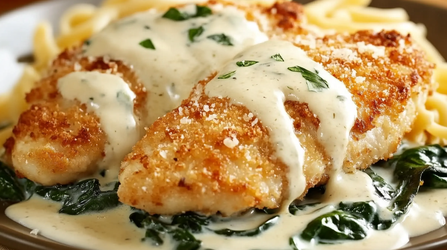 Parmesan-Crusted Chicken with Spinach and Alfredo Sauce