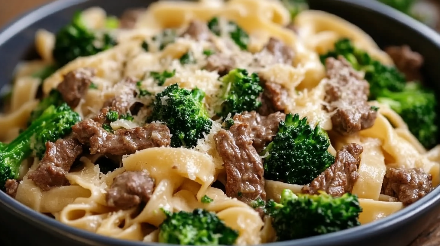 Creamy Garlic Beef and Broccoli Pasta