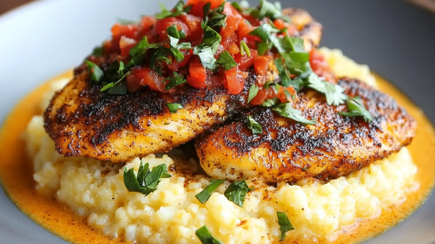 Blackened Catfish with Spicy Cheese Grits and Creole Butter Sauce