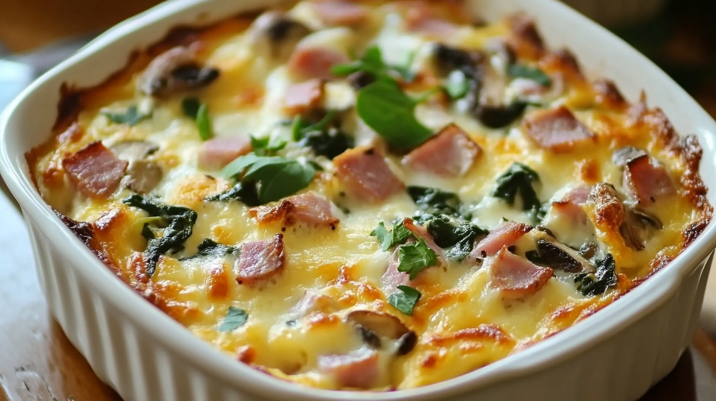 Breakfast Casserole with Ham, Spinach, and Mushrooms