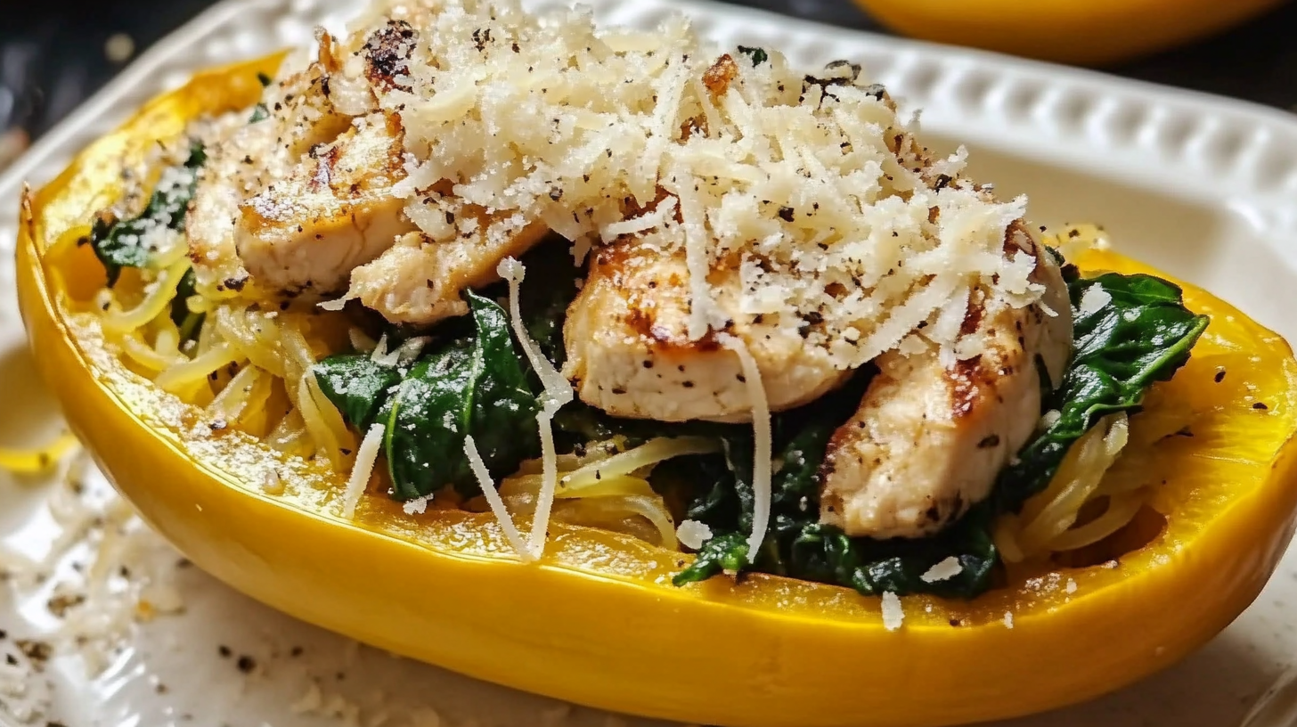 Garlic Parmesan Stuffed Spaghetti Squash with Chicken and Spinach