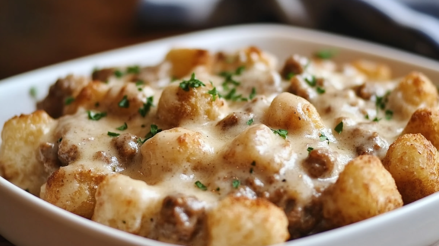 Tater Tot Breakfast Casserole with Sausage Gravy