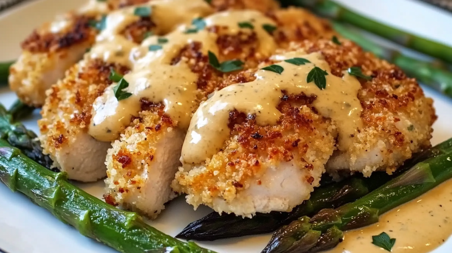 Panko-Crusted Chicken with Spicy Aioli and Roasted Asparagus
