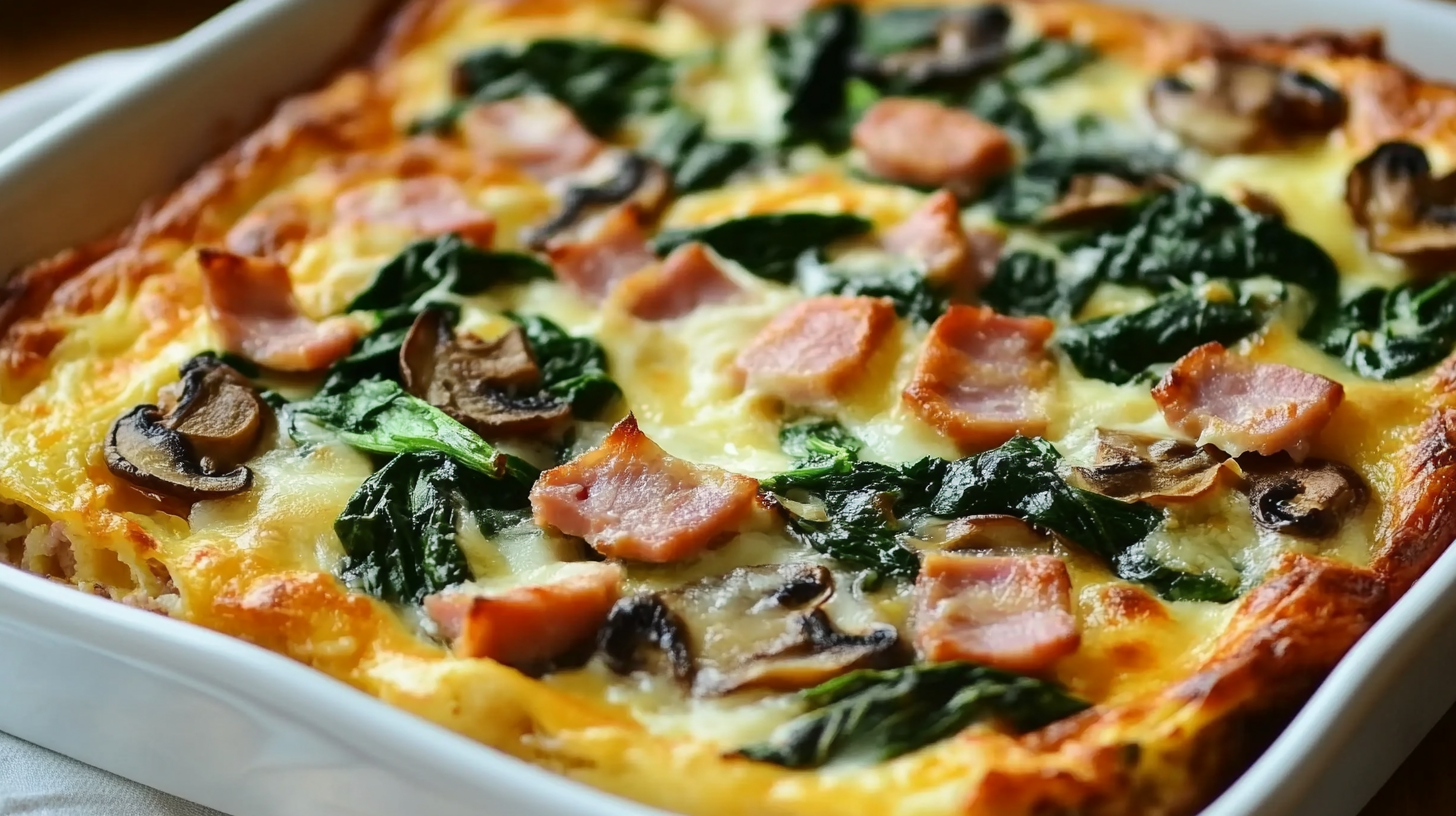 Breakfast Casserole with Ham, Spinach, and Mushrooms