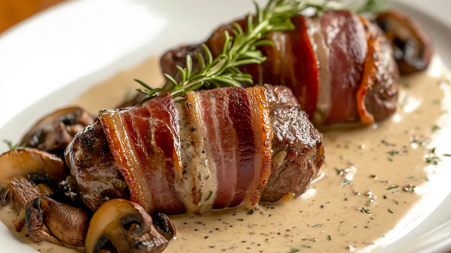 Bacon-Wrapped Venison Backstrap with Mushroom Cream Sauce