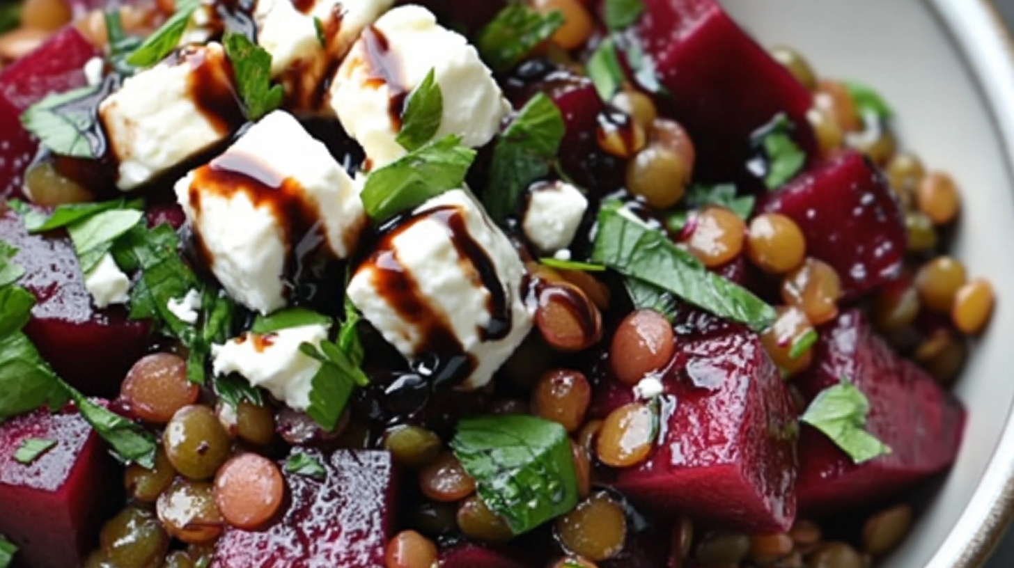 Warm Beet and Lentil Salad with Goat Cheese and Balsamic Glaze