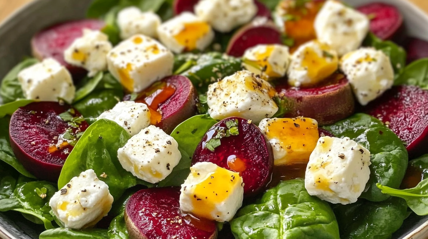 Beet, Spinach, and Goat Cheese Salad with Honey-Basil Vinaigrette