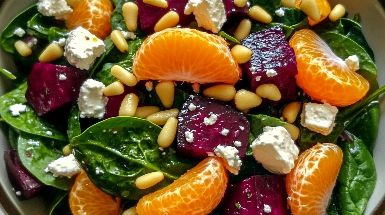 Beet Salad with Spinach, Mandarin Oranges, Red Onion, Pine Nuts, and Feta Cheese