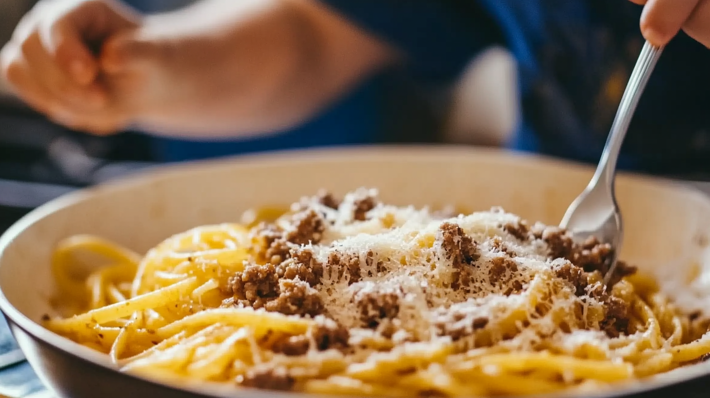 Cheesy Garlic Butter Linguine Pasta with Savory Ground Beef