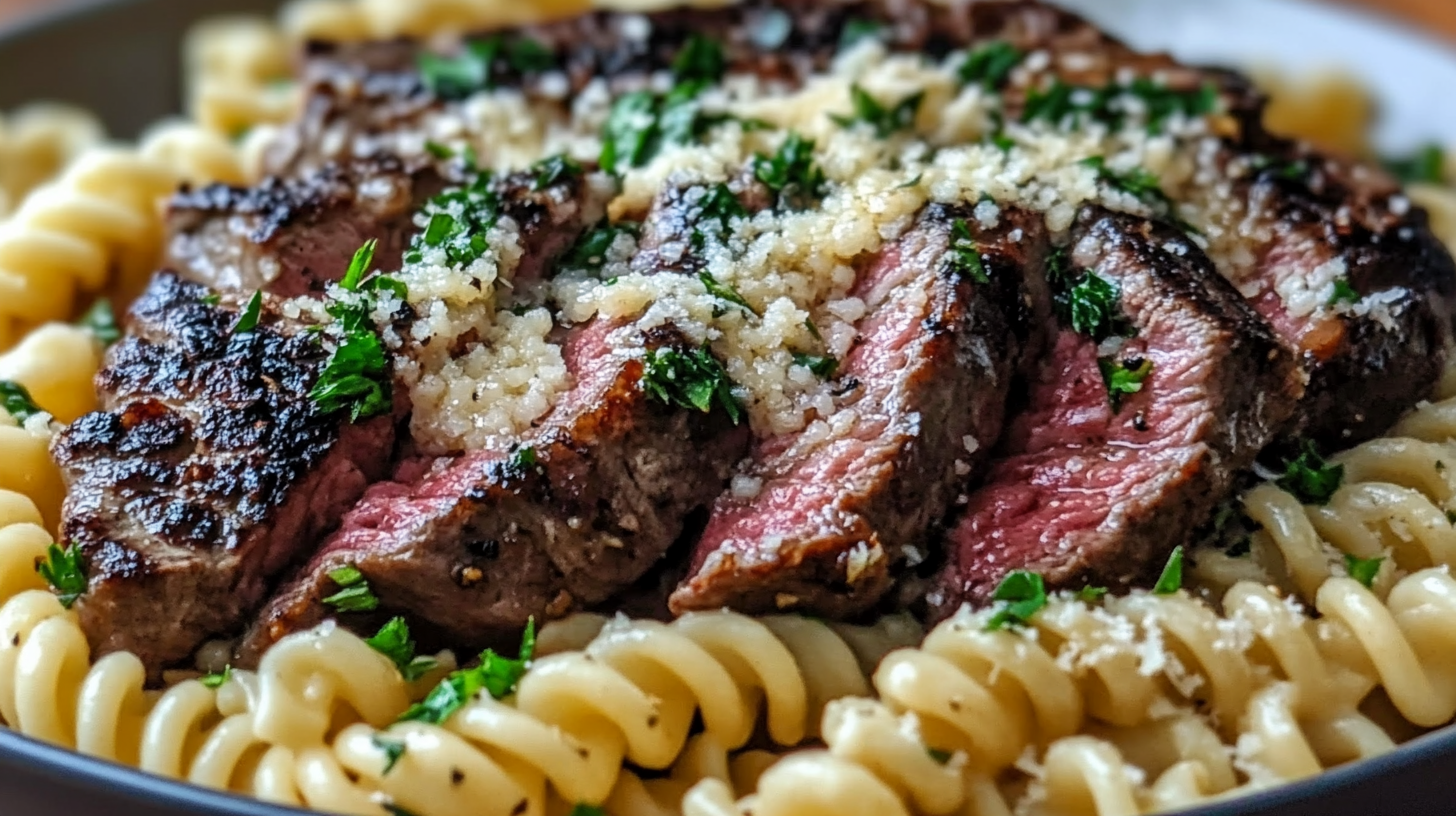 Garlic Butter Steak with Creamy Parmesan Fusilli