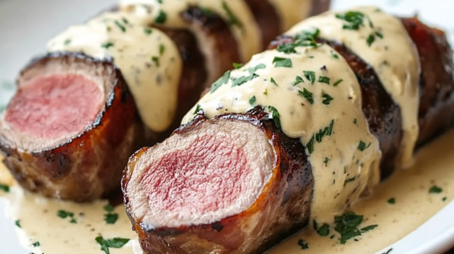Bacon-Wrapped Venison Tenderloin with Garlic Cream Sauce