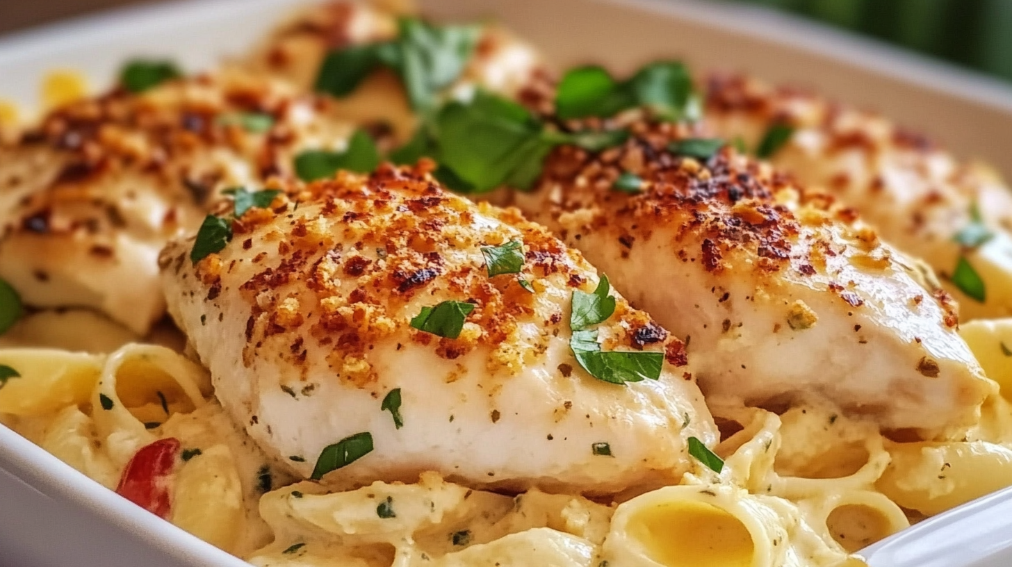 Baked Caesar Chicken with a Creamy Parmesan Pasta