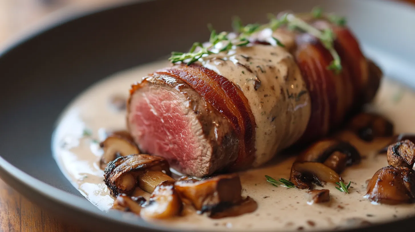 Bacon-Wrapped Venison Backstrap with Mushroom Cream Sauce