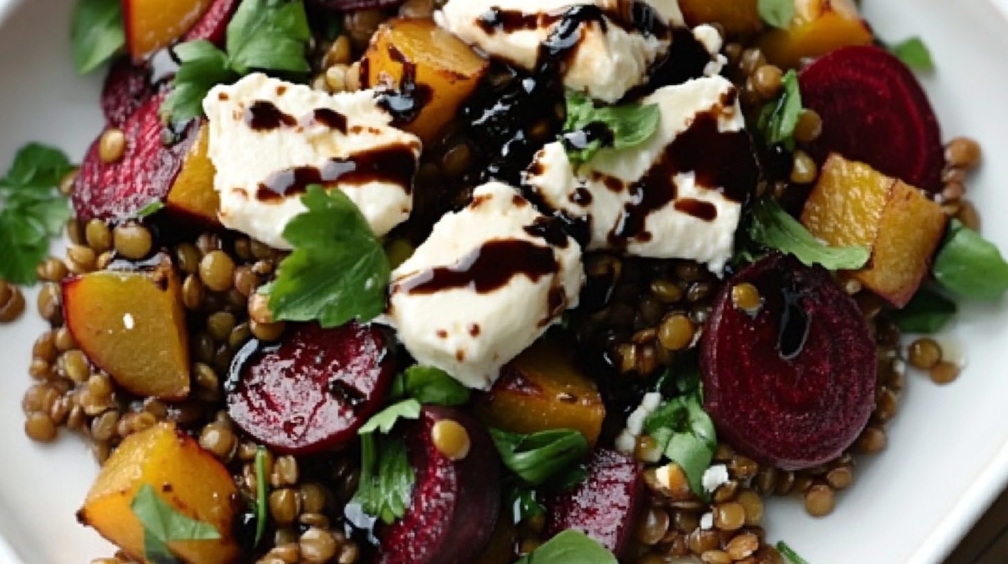 Warm Beet and Lentil Salad with Goat Cheese and Balsamic Glaze