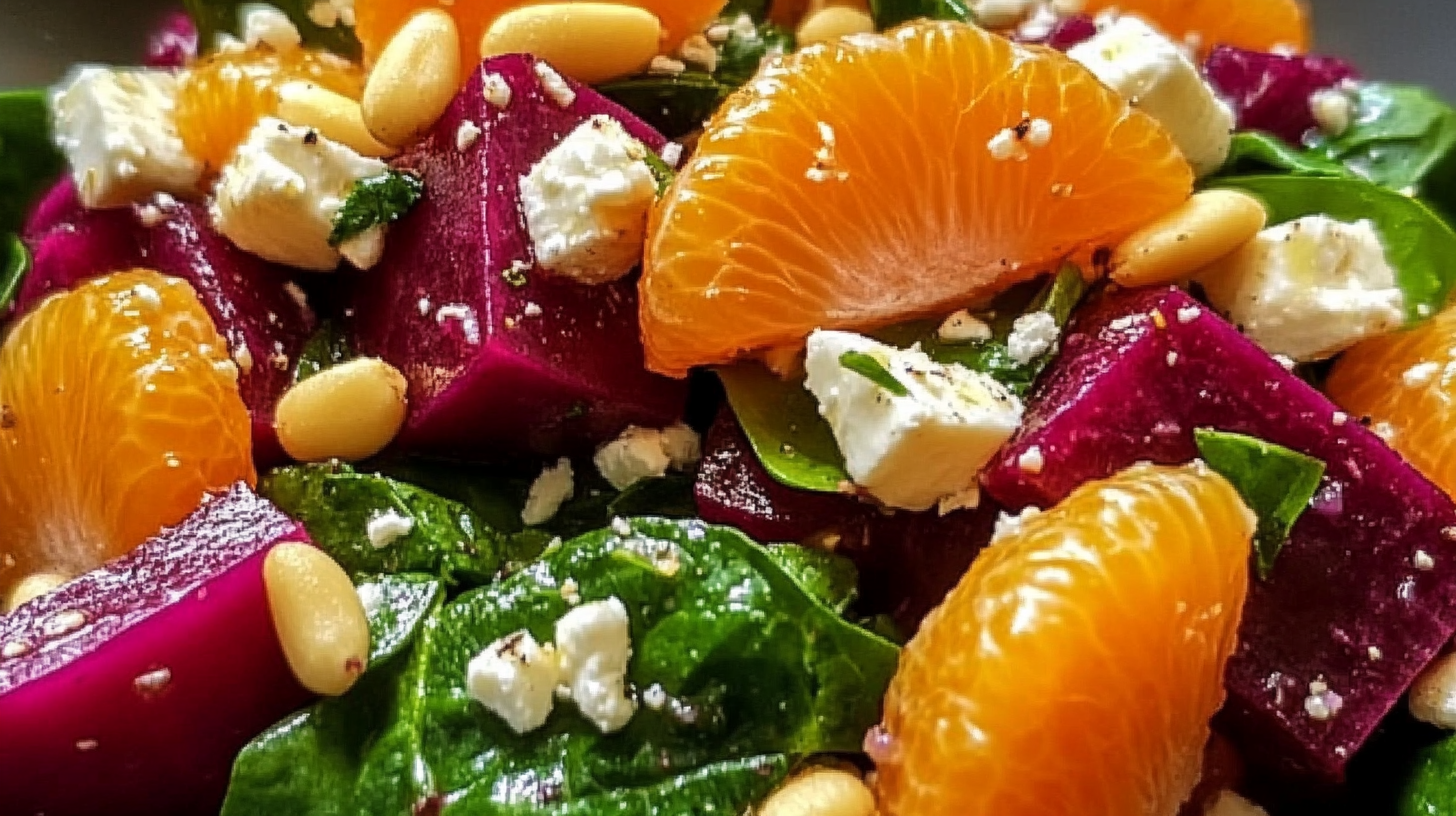 Beet Salad with Spinach, Mandarin Oranges, Red Onion, Pine Nuts, and Feta Cheese