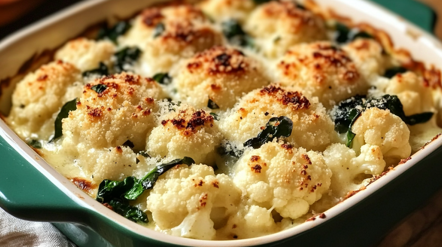Garlic Parmesan Cauliflower Bake with Spinach